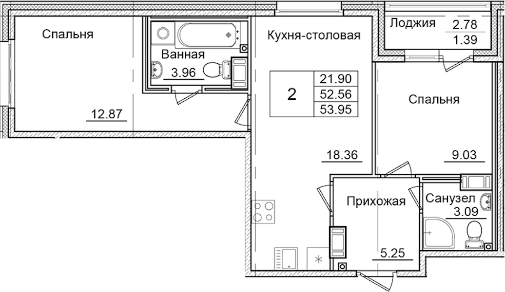 2-комнатная квартира 53.95 м², 8/9 эт., ЖК «Квартал Заречье»
